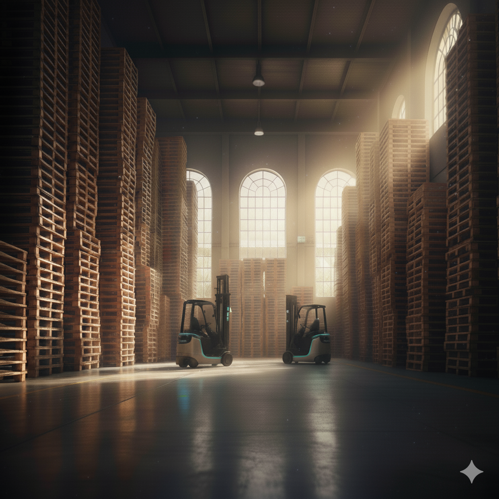 Almacén con grandes pilas de palets de madera